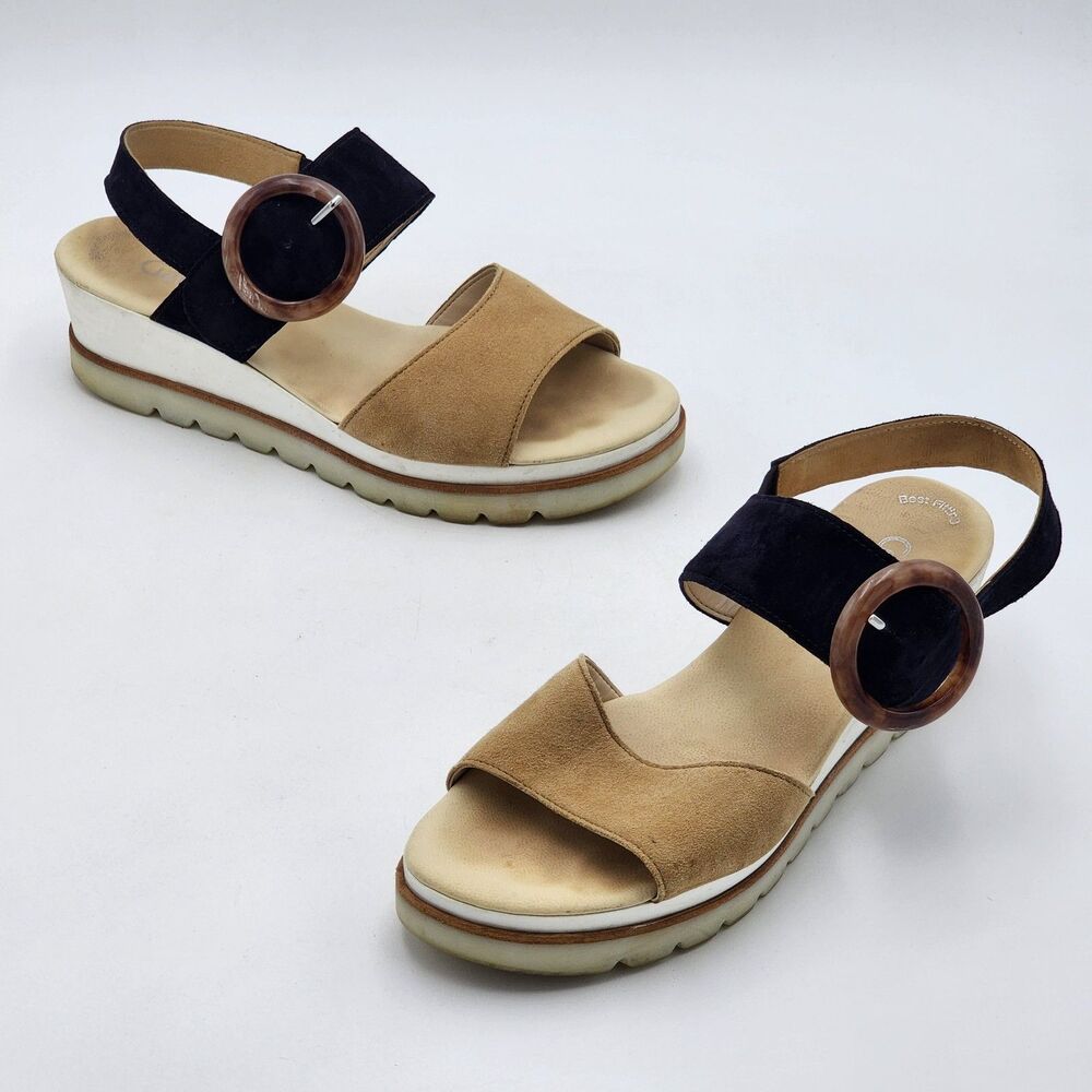Gabor Buckle Strappy Slingback Platform Wedge Sandals Tan Black Size 7 UK 9.5 US